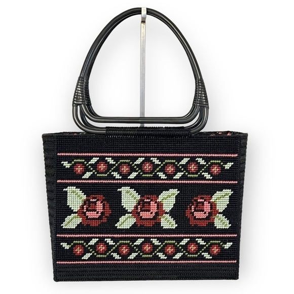 VINTAGE Handmade Needlepoint Rose Tote Bag Black Pink Green Grandma Granny - Picture 2 of 7